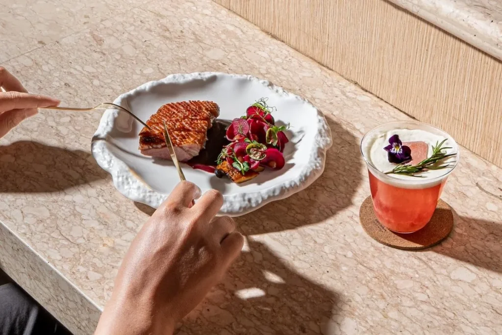 Fine dining dish and drink served for a restaurant experience in Seminyak.