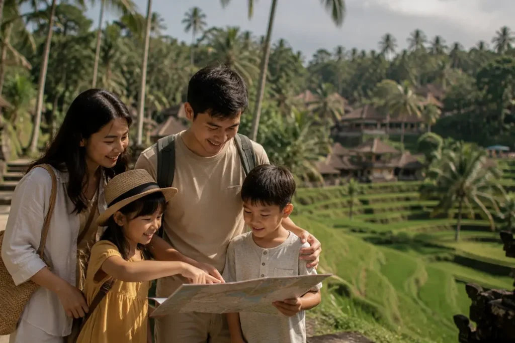 A family looks at a map beside Ubud rice terraces while planning fun activities for children together.